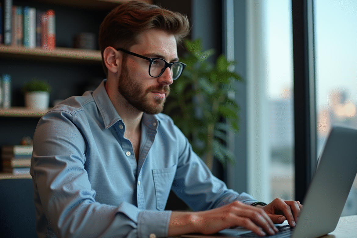 Jeune homme en bureau analysant des graphiques crypto