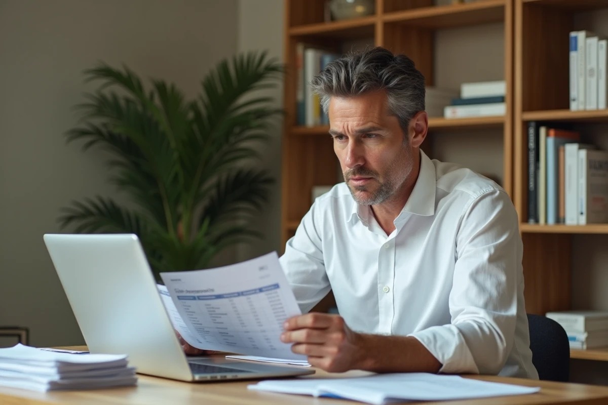 Homme d'affaires analysant des documents financiers d'une plateforme de lending avec une expression sceptique dans un bureau à domicile