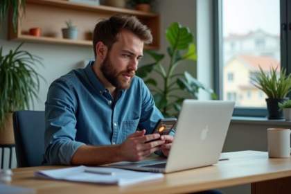 Homme en bureau moderne regardant son laptop avec portefeuille Bitcoin
