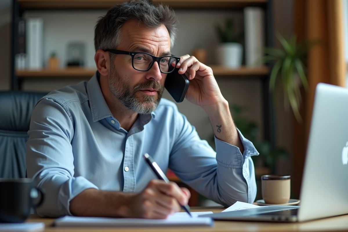 Homme en télétravail prenant des notes au téléphone