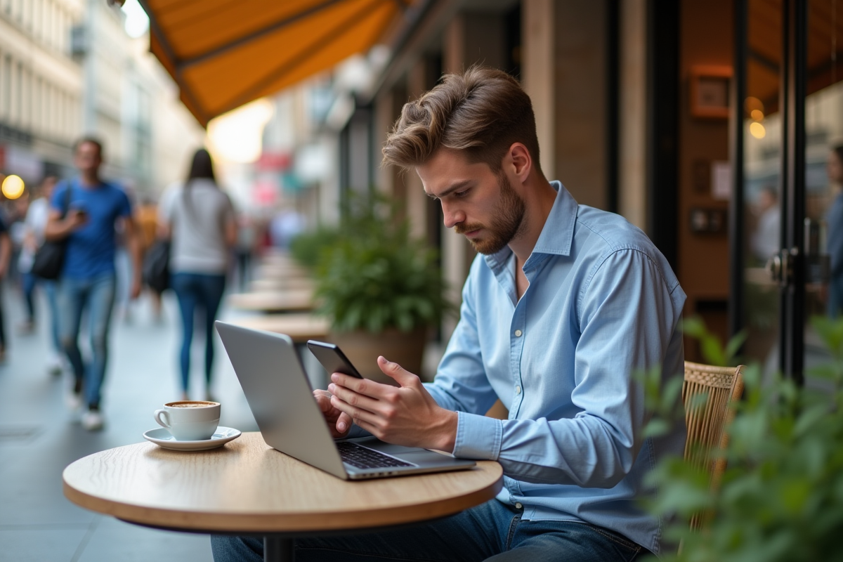 Jeune homme utilise son téléphone dans un café en ville