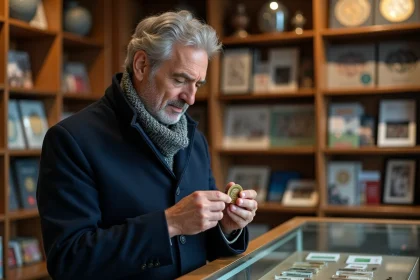 Homme d'âge moyen examinant une pièce de 2 euros dans une boutique de monnaies
