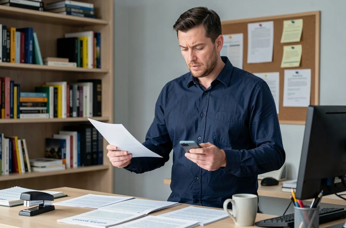 Homme consultant un relevé de prélèvement Cetelem et son téléphone pour préparer une contestation par mail