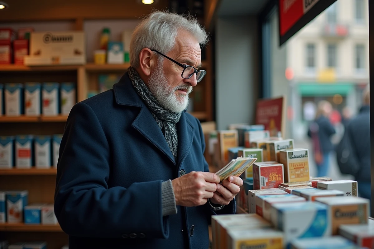 Homme d'âge moyen comptant des euros devant un magasin de cigarettes