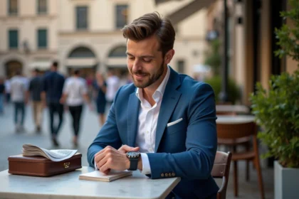 Homme élégant en blazer bleu dans un café urbain