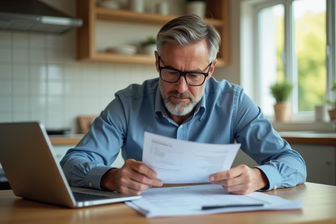 Homme d'âge moyen examine un document financier dans une cuisine moderne