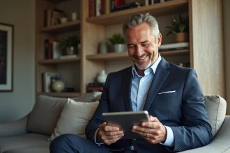 Homme d affaires français lisant la finance sur une tablette