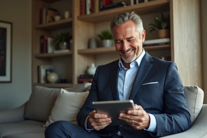 Homme d affaires français lisant la finance sur une tablette