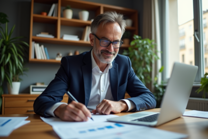 Homme d'affaires français analysant des graphiques financiers