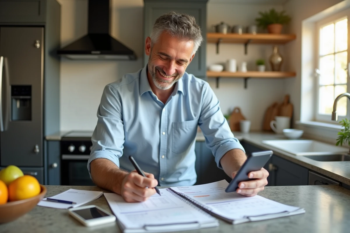 Homme organisant ses relevés bancaires dans la cuisine