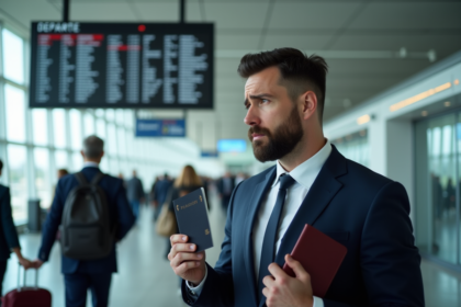 Homme inquiet avec passeport à l'aéroport européen