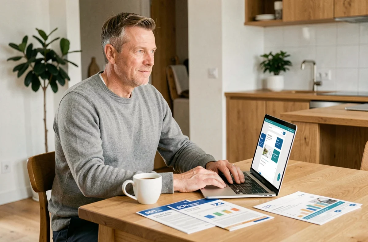 Homme gérant son investissement en SCPI via une assurance vie Fortuneo depuis son domicile sur un ordinateur portable