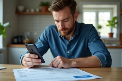 Homme en bleu étudiant sa facture sur la table de cuisine