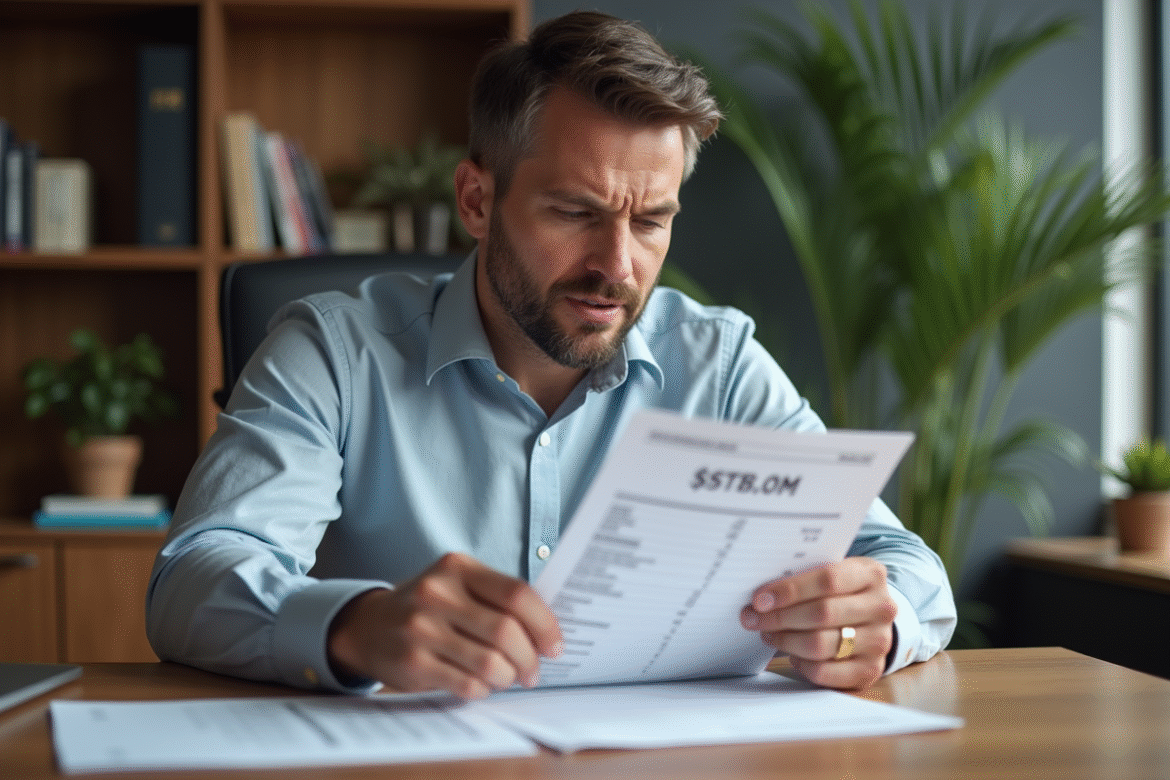 Homme en costume lisant un relevé de pret immobilier