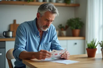 Homme d'âge moyen vérifiant un ticket Euromillions dans une cuisine lumineuse