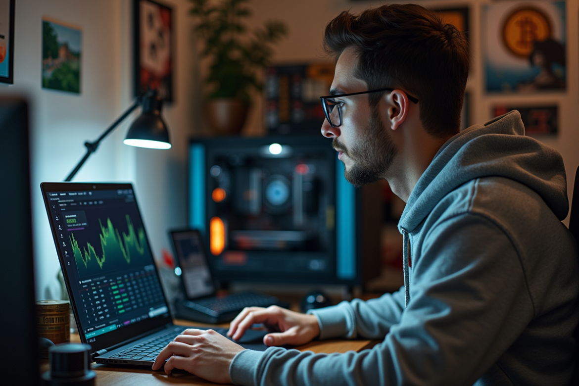 Homme concentré travaillant à son bureau de minage Bitcoin