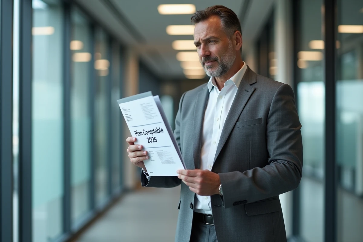 Homme en costume lisant un document comptable dans un couloir