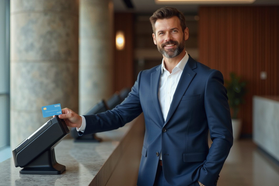 Homme en costume utilisant un terminal de paiement moderne