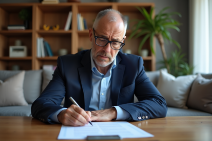 Homme d'âge moyen remplissant des formulaires d'assurance à la maison