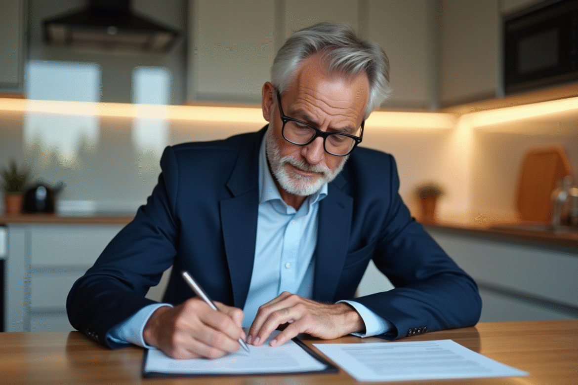 Homme d'âge moyen en costume bleu préparant ses documents fiscaux