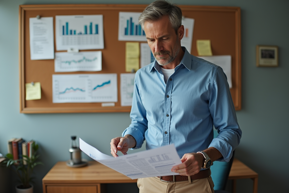 Homme d age regardant un relevé financier dans un bureau professionnel