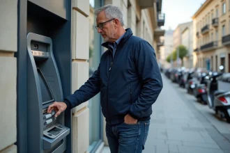 Homme d'âge moyen retire de l'argent à un distributeur en ville
