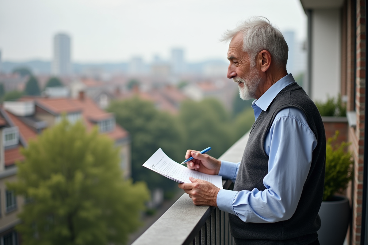 Homme retraité regardant ses papiers sur un balcon urbain