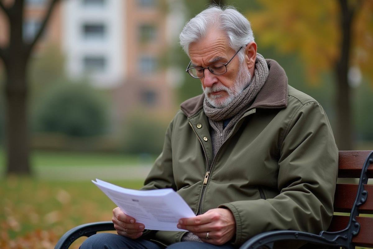 Homme retraité regardant son relevé de pension dans un parc