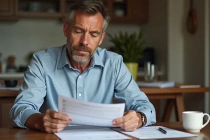 Homme d'âge moyen vérifiant ses relevés bancaires à la maison