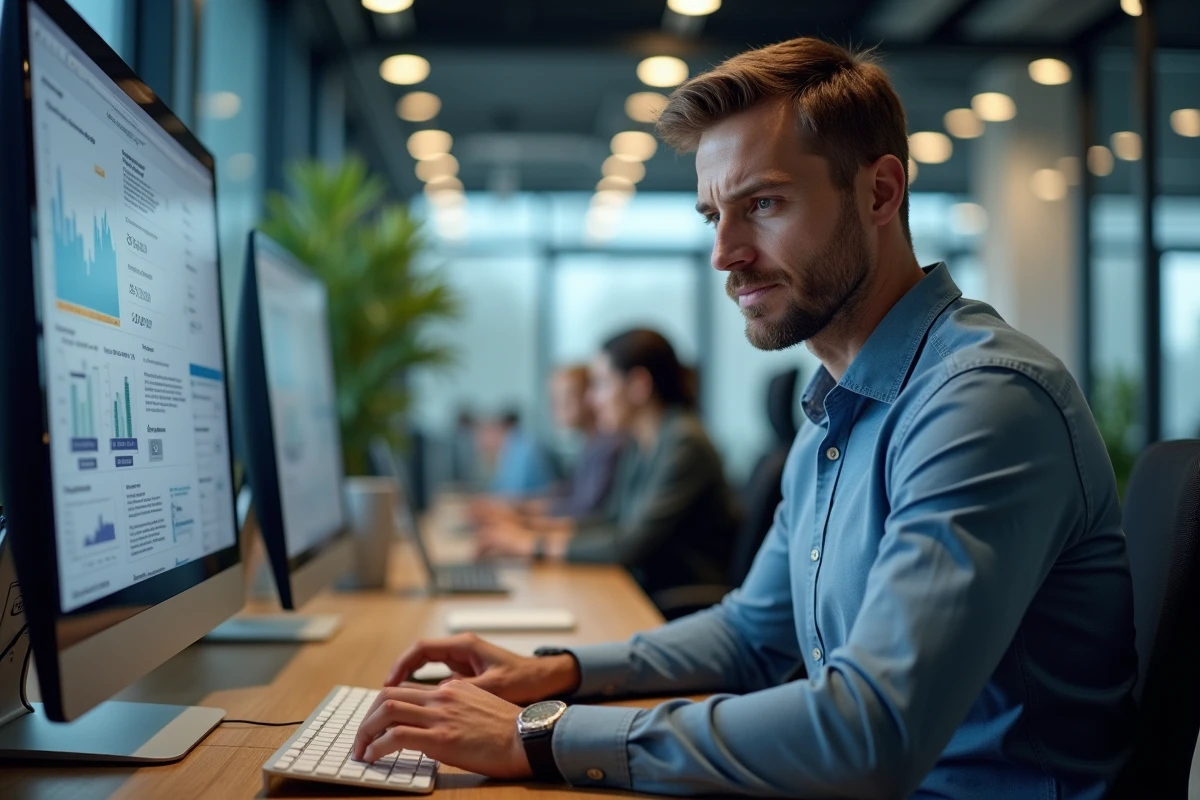 Homme utilisant un simulateur de salaire brut net sur ordinateur dans un bureau moderne