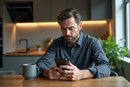 Homme d'âge moyen examinant son smartphone avec portefeuille crypto