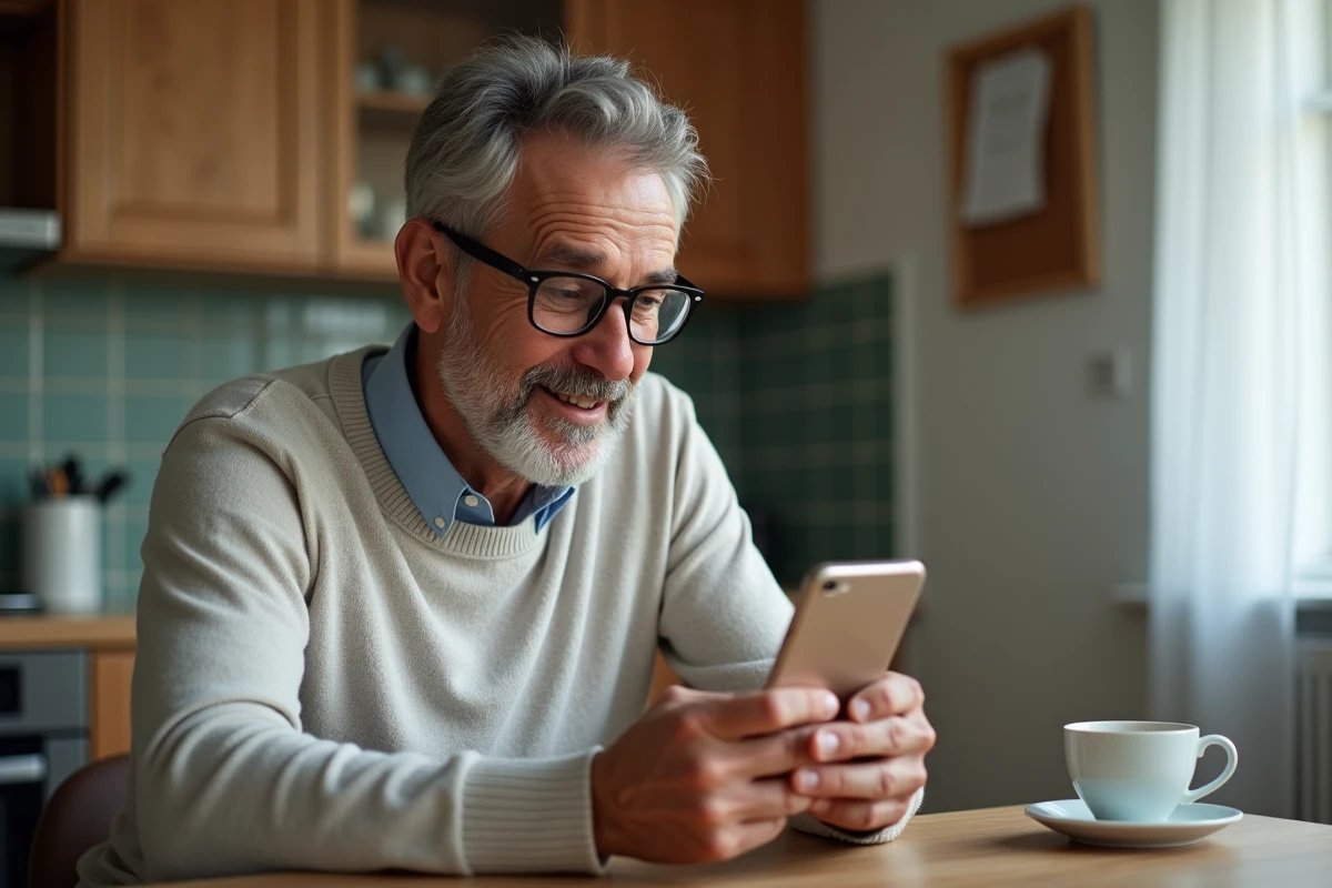 Homme souriant utilisant son smartphone dans la cuisine