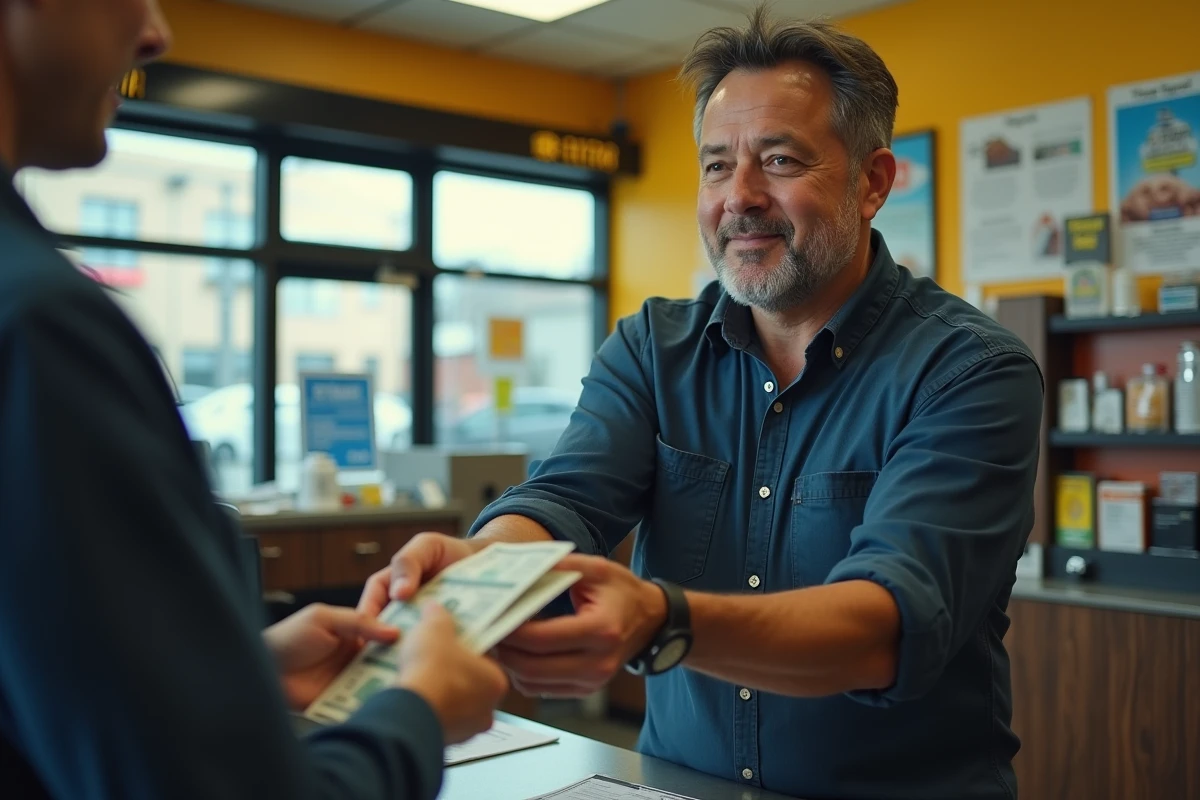 Homme effectuant un transfert d'argent Western Union en agence pour aider un proche à l'étranger