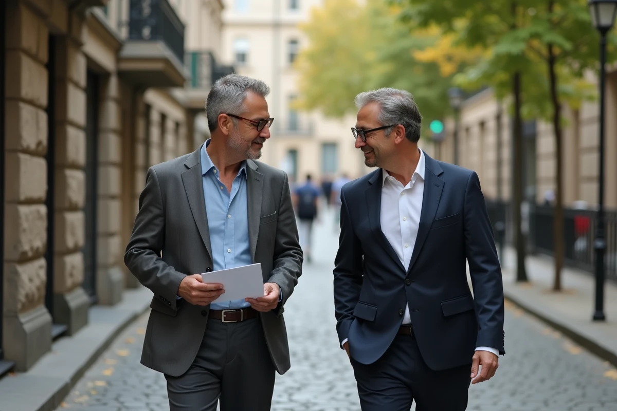 Deux hommes discutent en marchant dans une rue urbaine calme