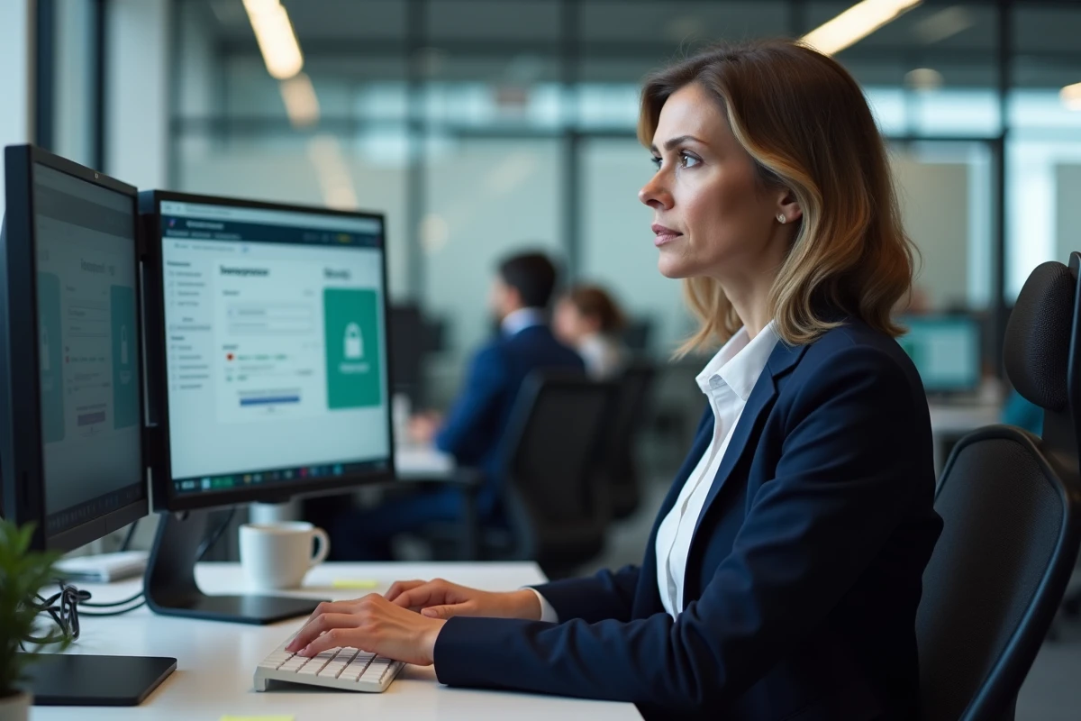 Femme professionnelle face à un message d'erreur de connexion sur son compte bloqué au bureau