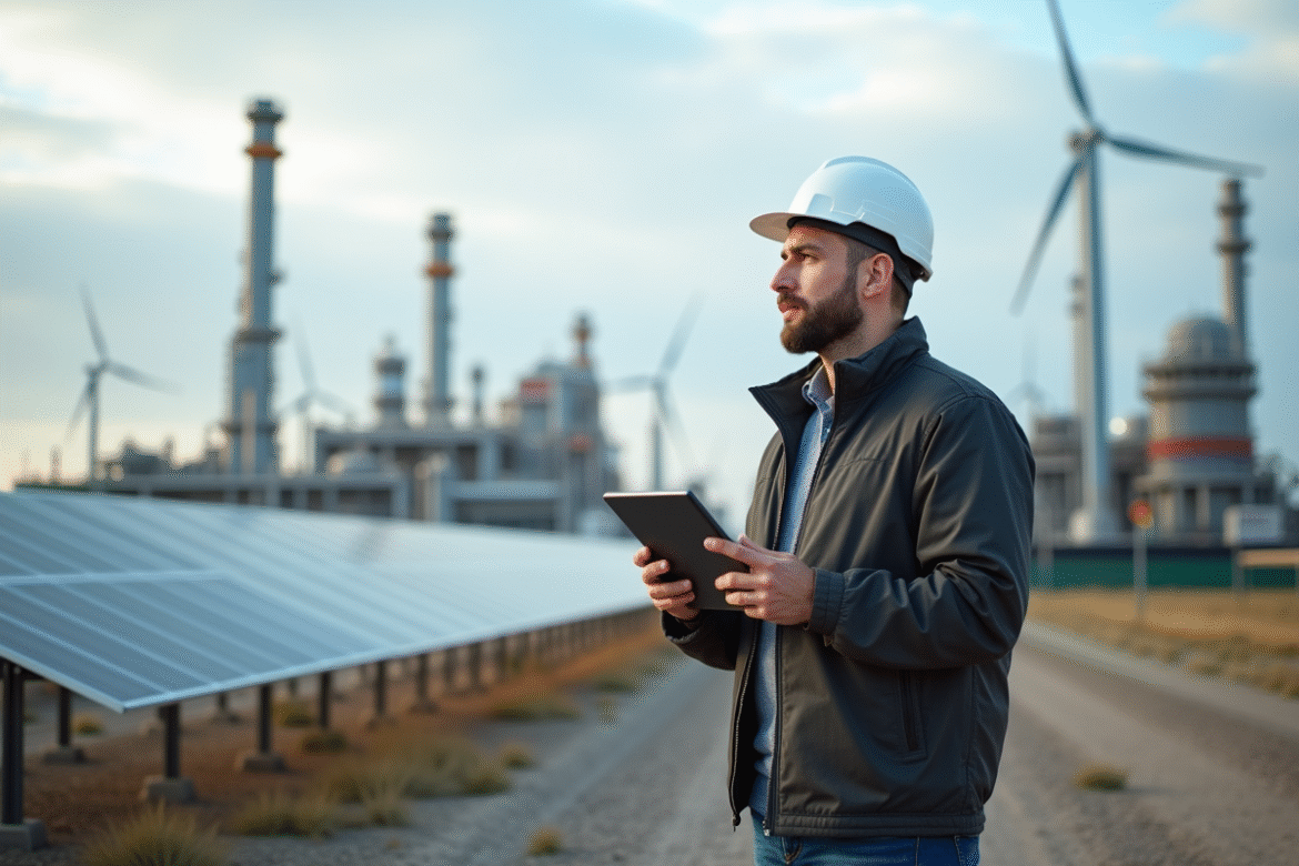 Ingénieur homme d'âge moyen face à une centrale solaire et éoliennes