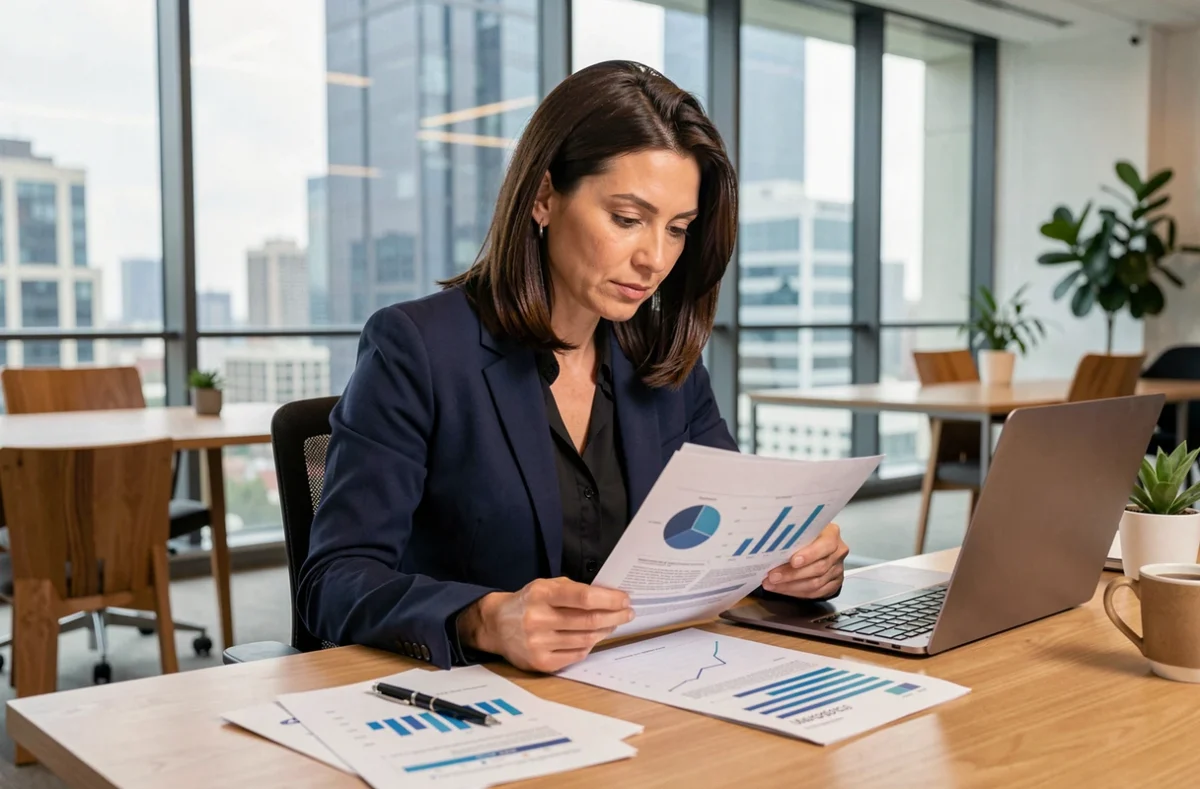 Femme professionnelle analysant des documents financiers liés à l'investissement en SCPI dans un bureau moderne