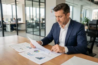 Investisseur professionnel analysant les documents financiers d'une SCPI dans un bureau moderne