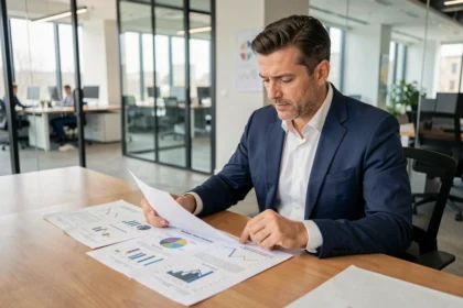 Investisseur professionnel analysant les documents financiers d'une SCPI dans un bureau moderne