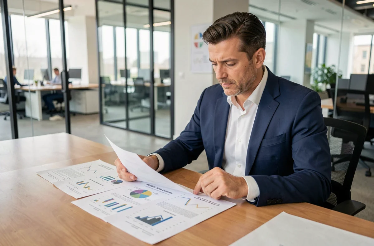 Investisseur professionnel analysant les documents financiers d'une SCPI dans un bureau moderne
