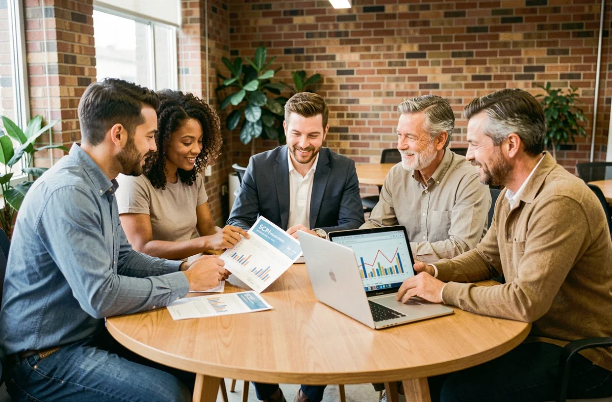 Groupe d'investisseurs étudiant un prospectus de SCPI autour d'une table dans un espace de coworking