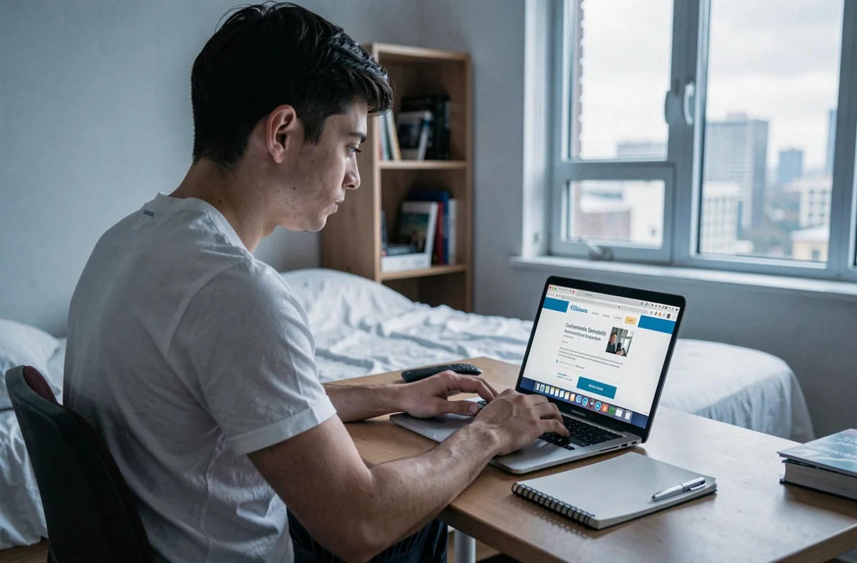 Jeune adulte seul consultant les aides sociales en ligne sur un ordinateur portable dans un petit appartement, en lien avec les changements du RSA 2026