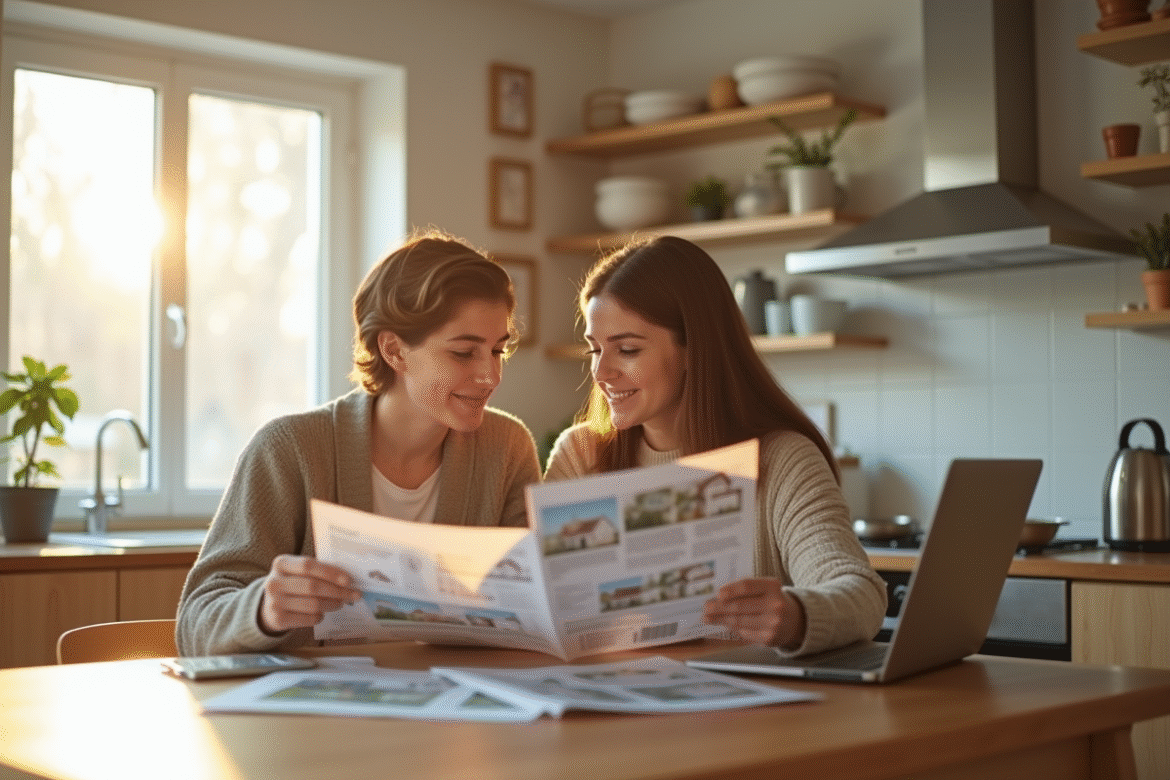 Jeune couple analysant des options de prêt immobilier à la maison