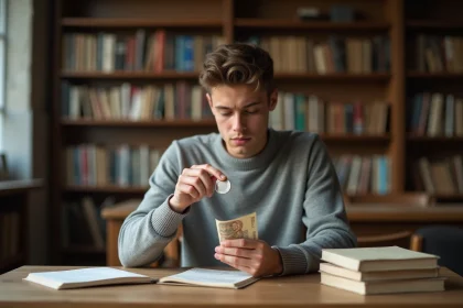 Jeune étudiant examinant une ancienne monnaie et un euro