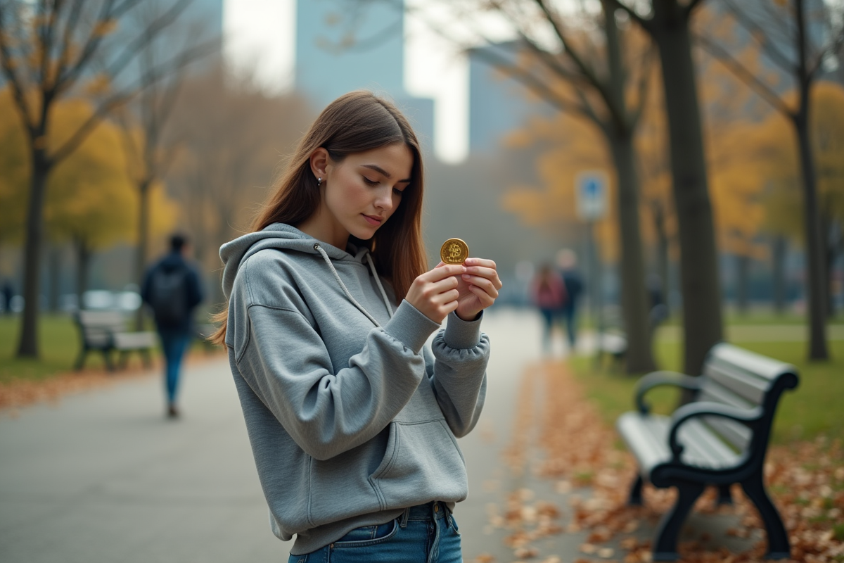 Jeune femme regardant un coin crypto dans un parc urbain