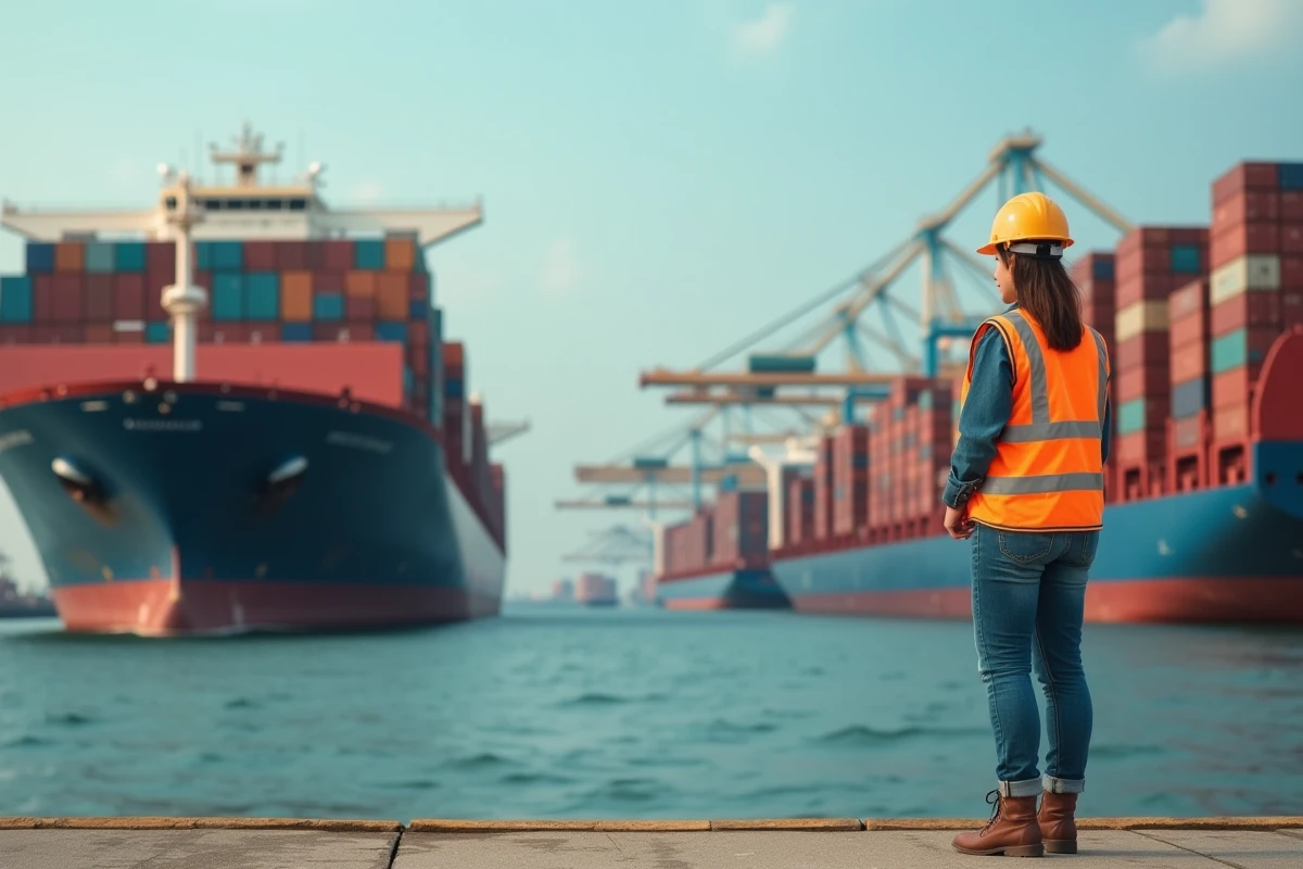 Jeune femme portuaire en gilet haute visibilité sur le quai
