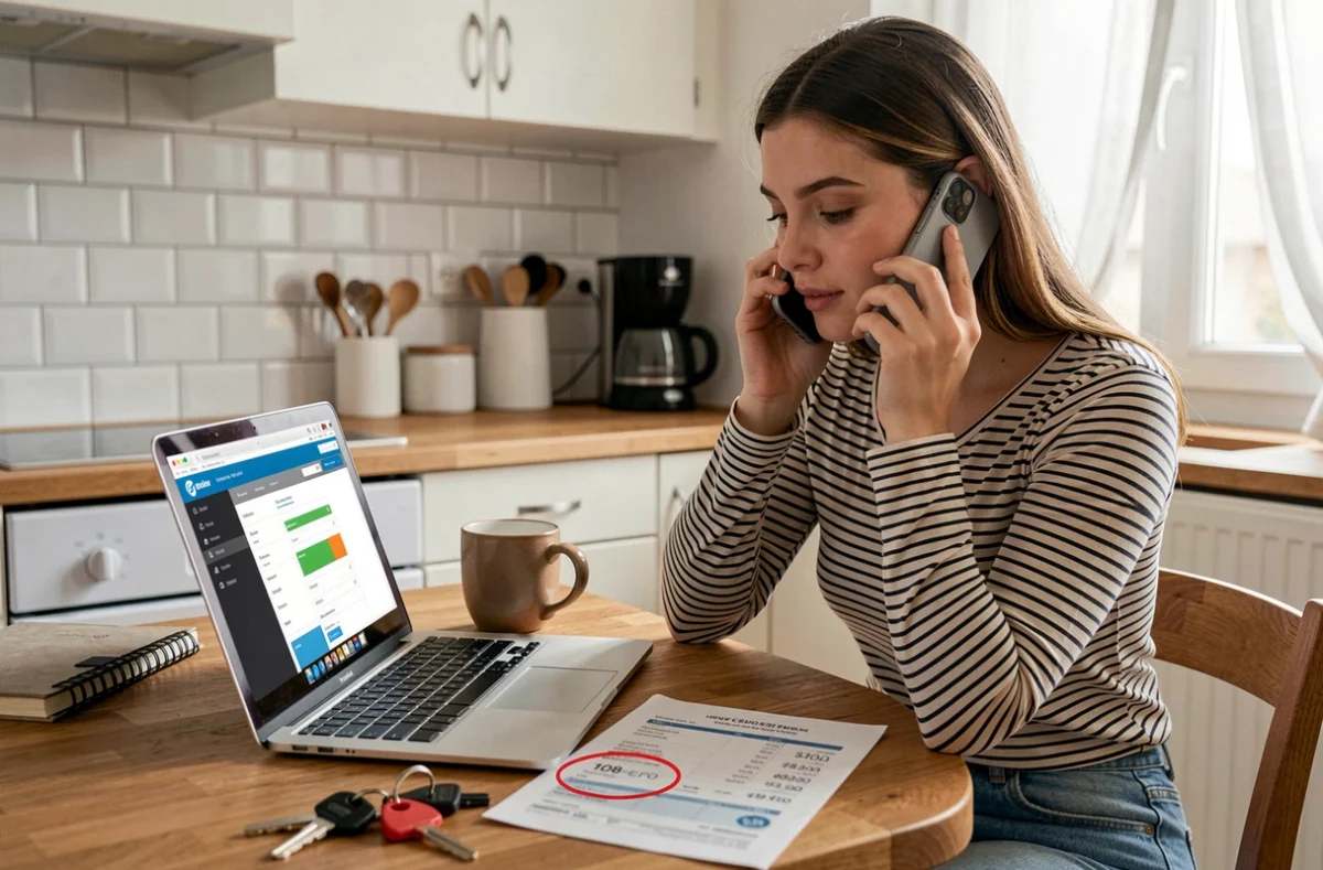 Une jeune femme téléphone à un conseiller depuis chez elle en consultant un relevé bancaire avec un prélèvement de 108 euros
