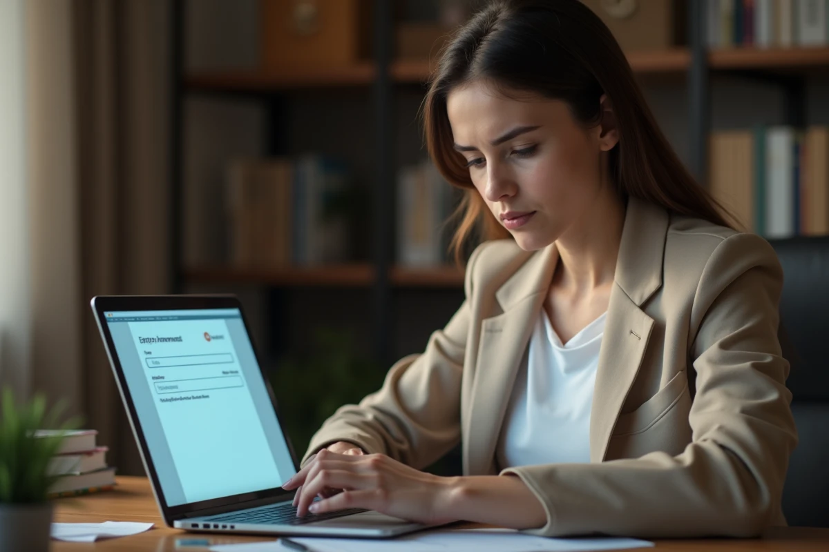 Jeune femme réalisant un virement Western Union en ligne depuis son ordinateur portable en situation d'urgence