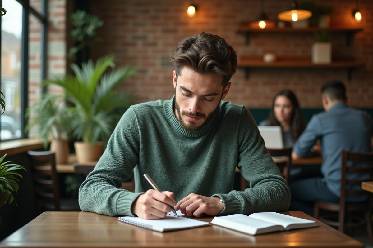 Jeune homme prenant des notes dans un café chaleureux