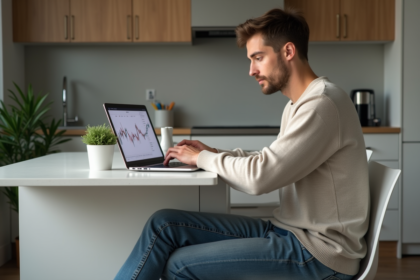Jeune homme concentré vérifiant ses cryptomonnaies à la maison